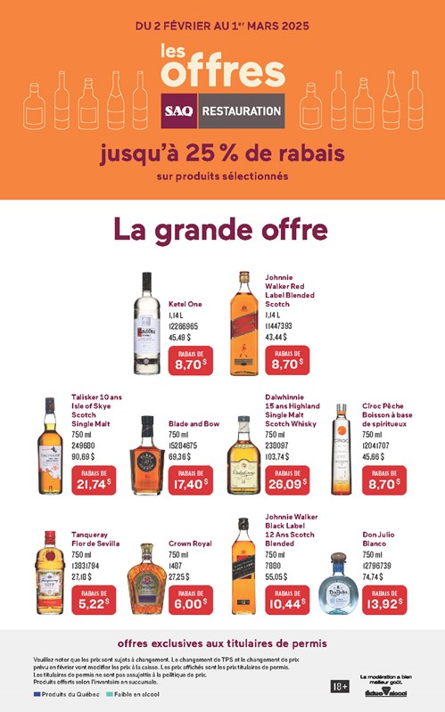 Les offres SAQ Restauration du 2 février au 1er mars 2025